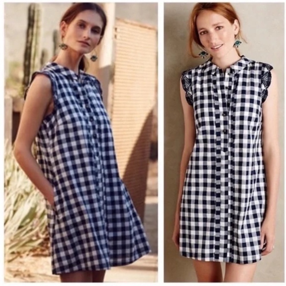 Anthropologie Dear Creatures Trinette Womens Plaid Preppy Navy Scalloped Dress